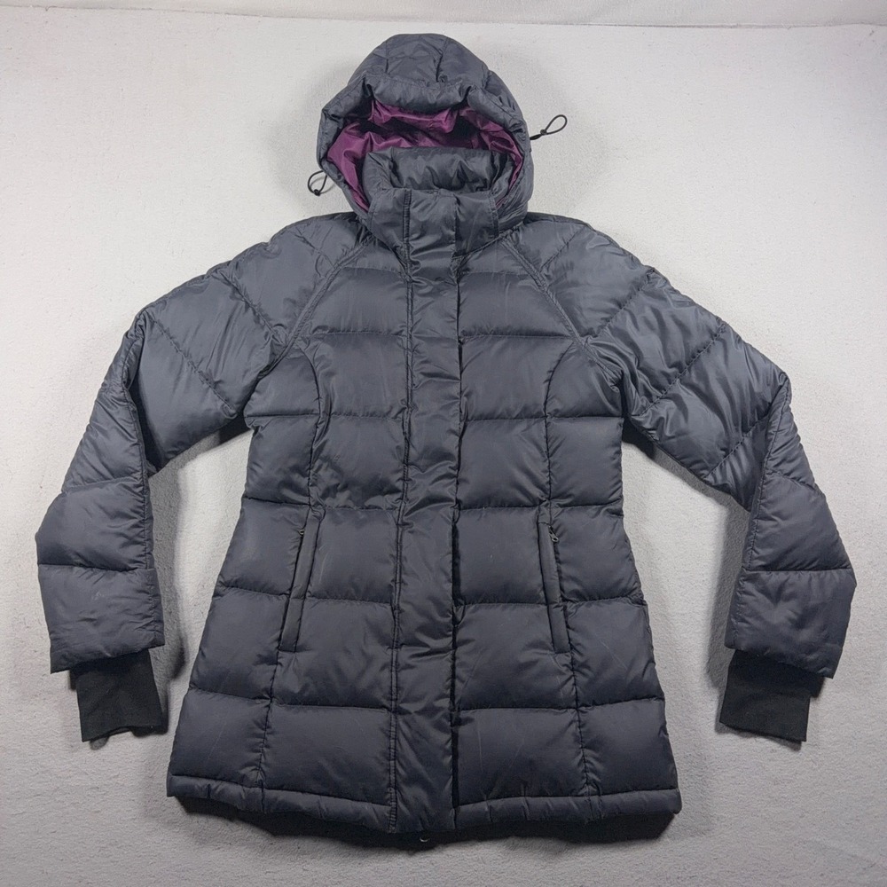 Athleta Goose Down Puffer Jacket Women Small Dark Gray Hooded Winter Gorpcore - Picture 2 of 14